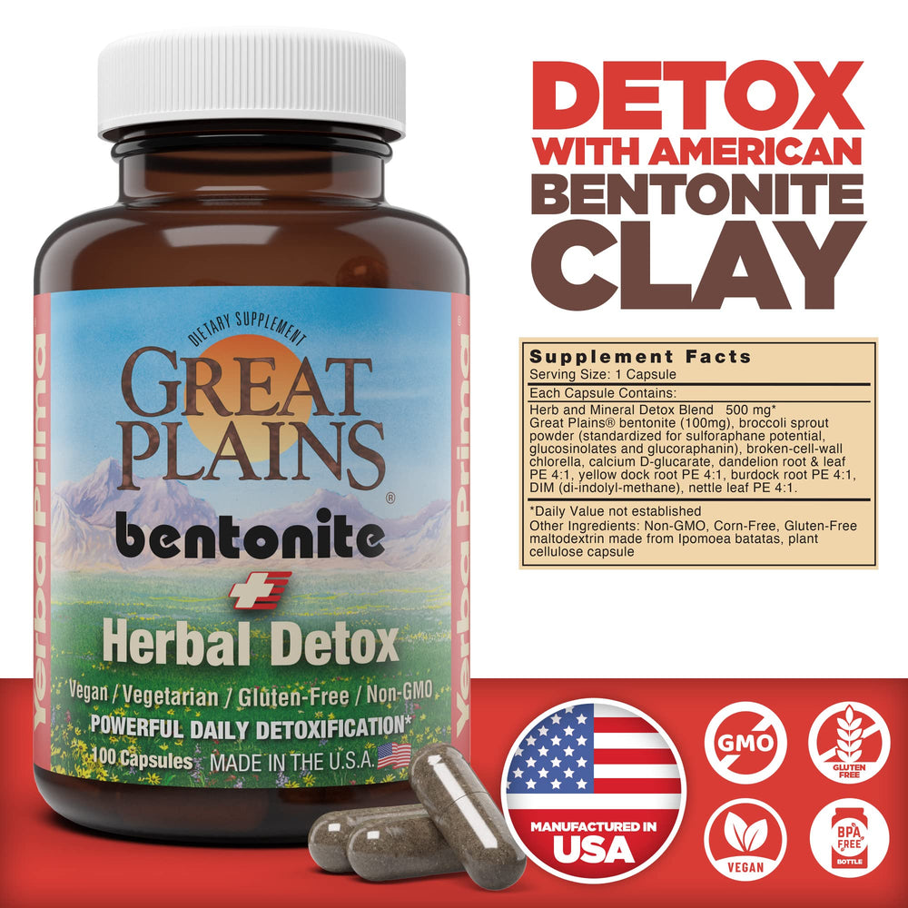 Close-up of Yerba Prima bentonite capsules, easy tasteless detox choice.
