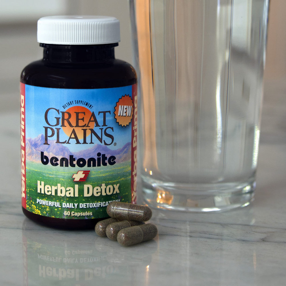 Herbal blend closeup of Yerba Prima Bentonite Clay Plus Herbal Detox suggesting a natural detox option.