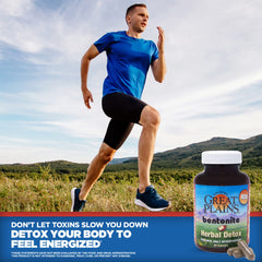 Yerba Prima Bentonite Clay Plus Herbal Detox ingredients list featuring bentonite and detox herbs for purification.