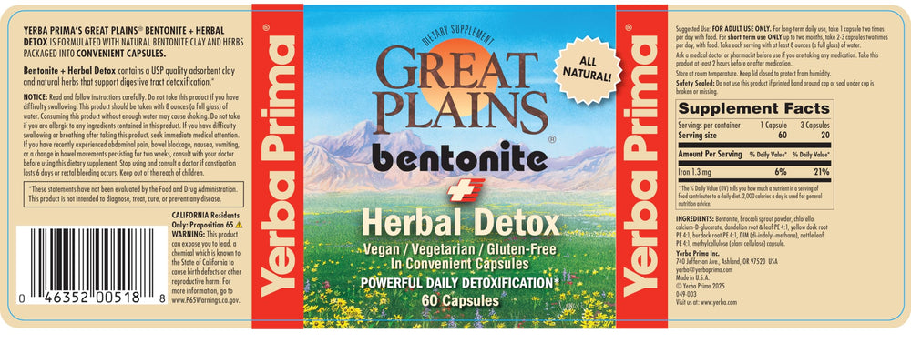 Packaging design for Yerba Prima Bentonite Clay Plus Herbal Detox conveying trust and quality.
