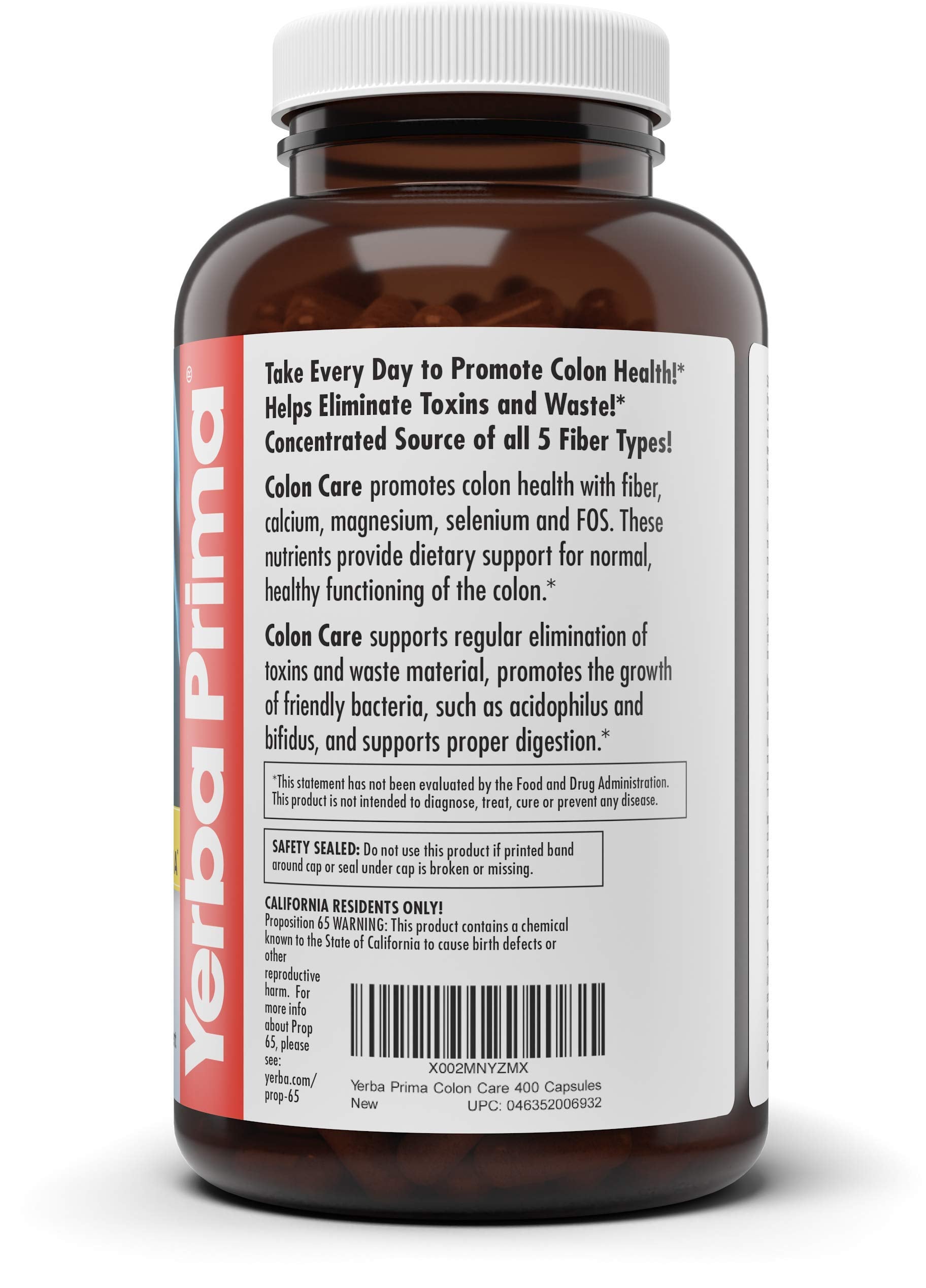 Yerba Prima bottle shows 400 capsules for daily fiber intake.