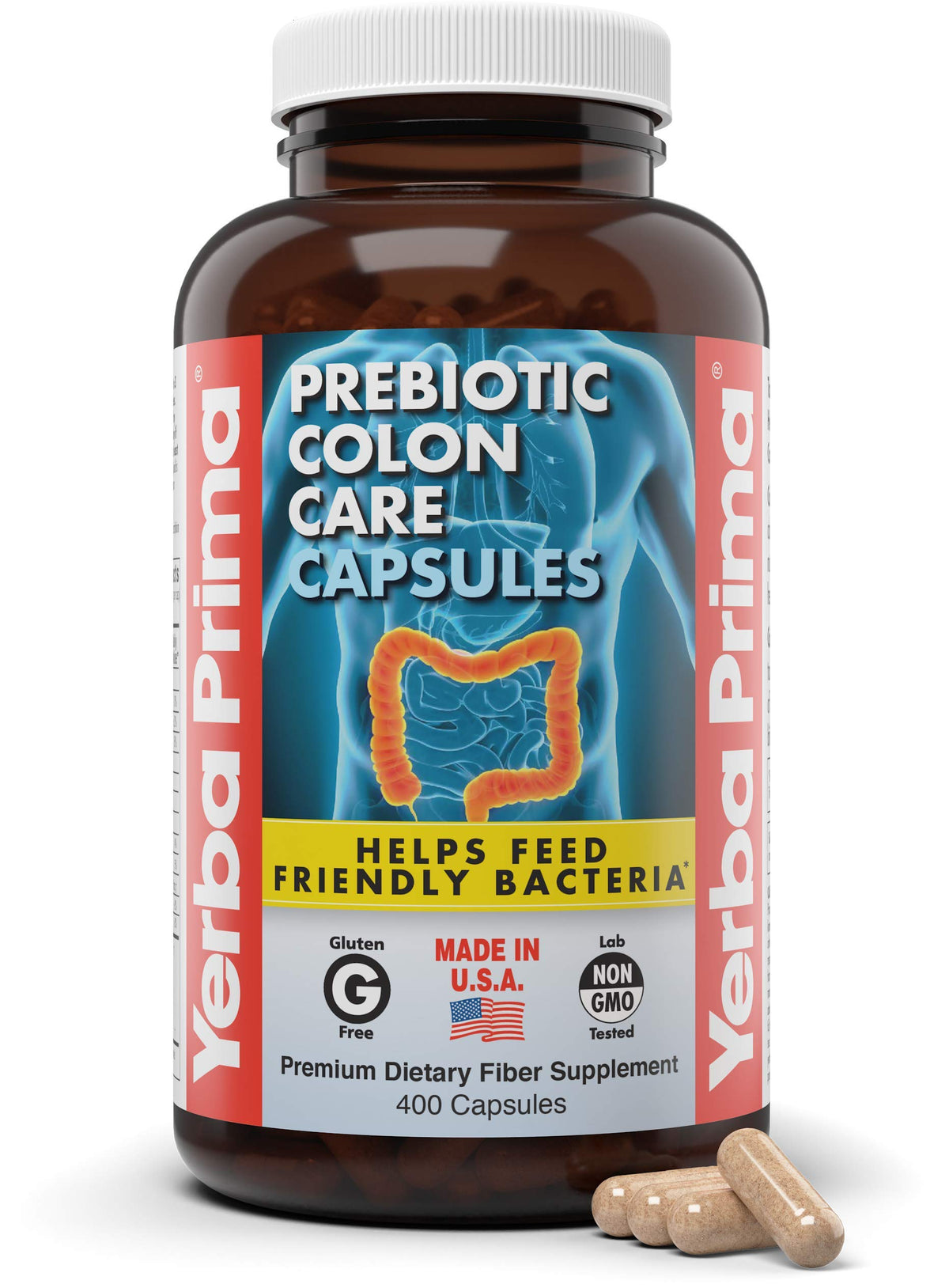 Yerba Prima Colon Care capsules front view, fiber-rich formula for digestive wellness.