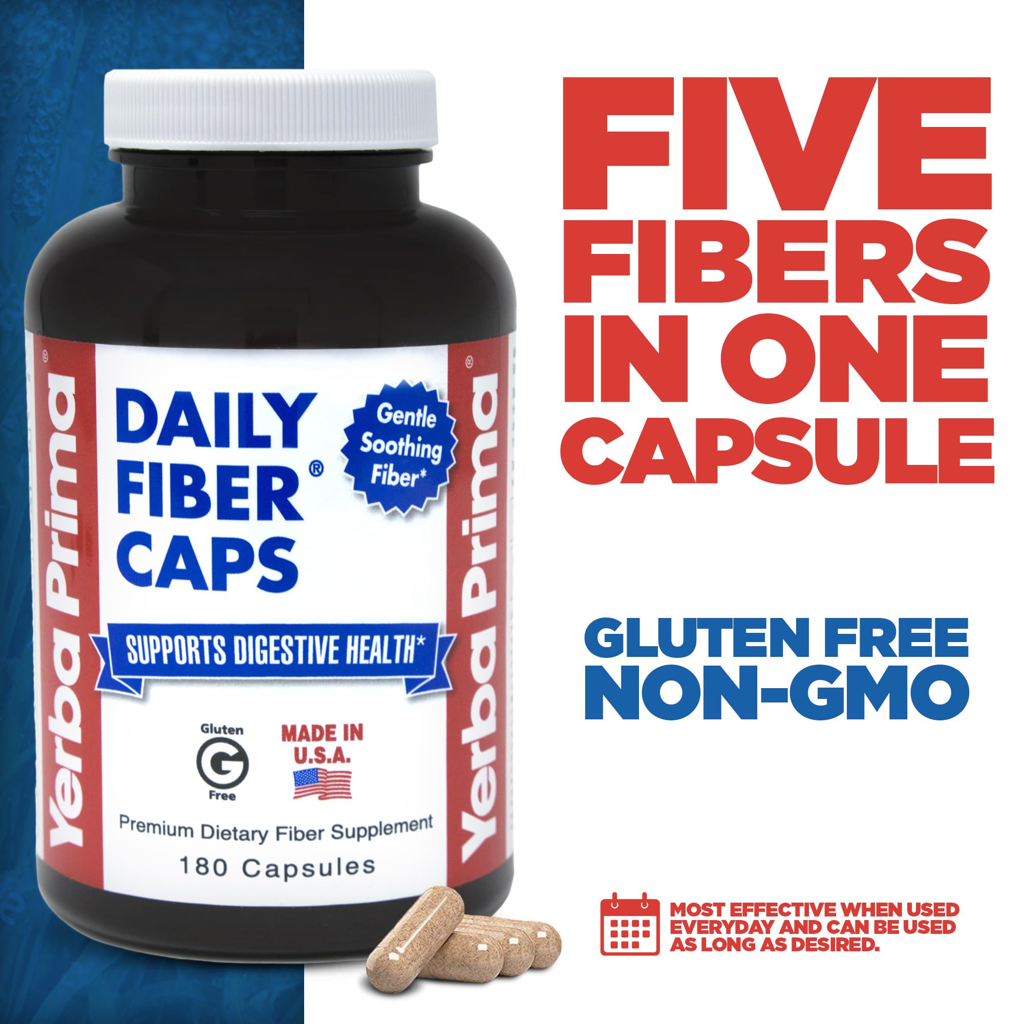 Closeup of Yerba Prima Daily Fiber Caps capsules in a row