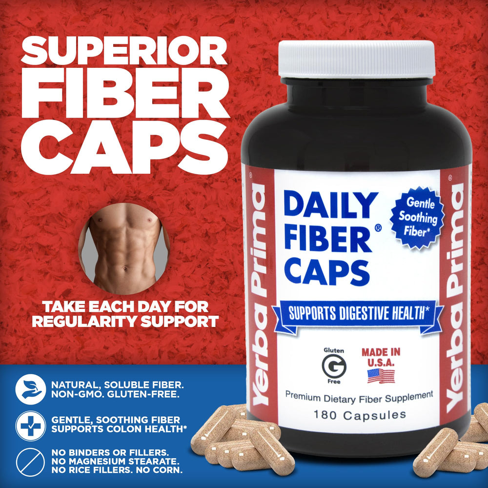 Pack of three Yerba Prima Daily Fiber Capsules for convenient daily fiber.