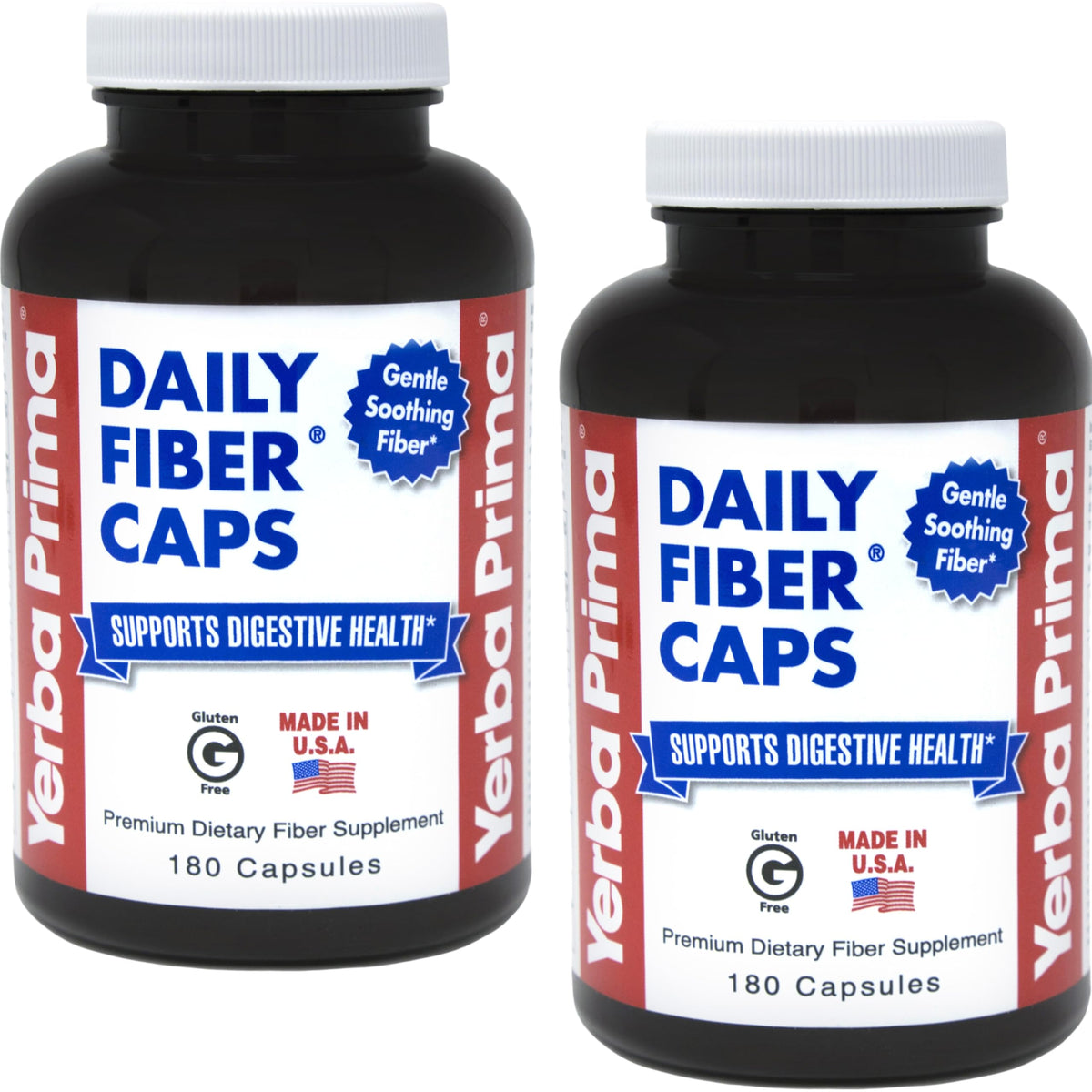 Yerba Prima Daily Fiber Formula bottle front view highlighting vegan, non-GMO fiber for daily digestive support