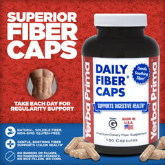 Yerba Prima Daily Fiber Formula packaging close-up shows gluten-free, non-GMO formula for cleaner digestion
