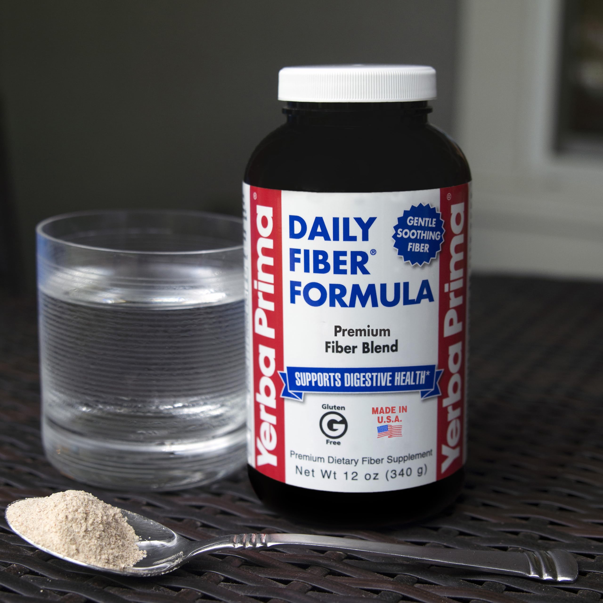 Bottle label shows a 5-fiber blend and clean ingredients.
