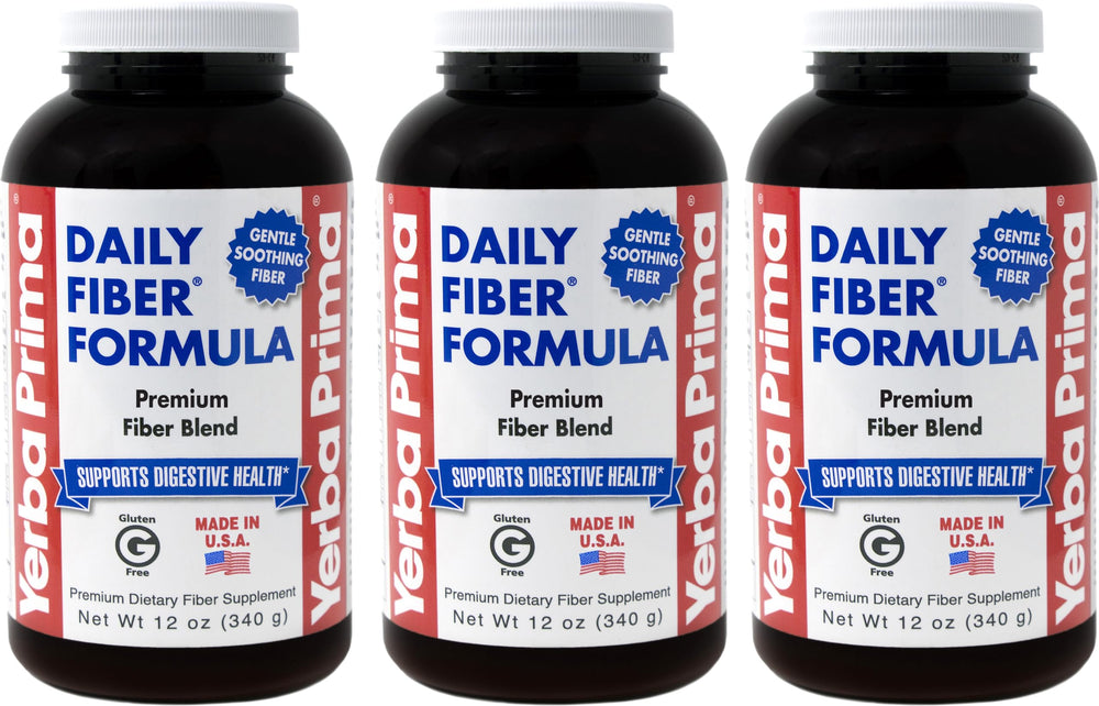 Yerba Prima Daily Fiber Formula powder in bottle supports regularity and digestive health.