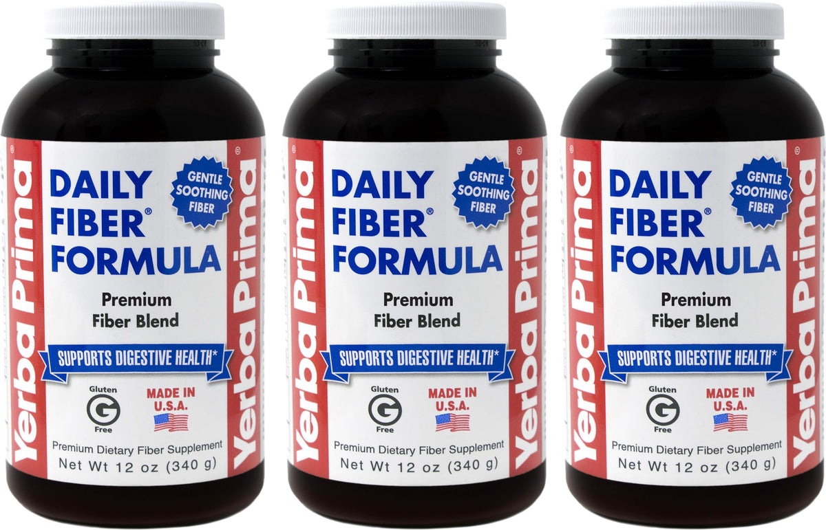 Yerba Prima Daily Fiber Formula powder in bottle supports regularity and digestive health.