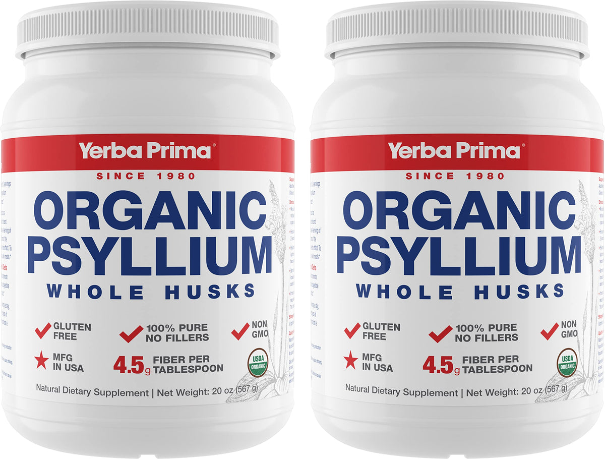 Yerba Prima psyllium husk packaging shows organic fiber support for daily regularity