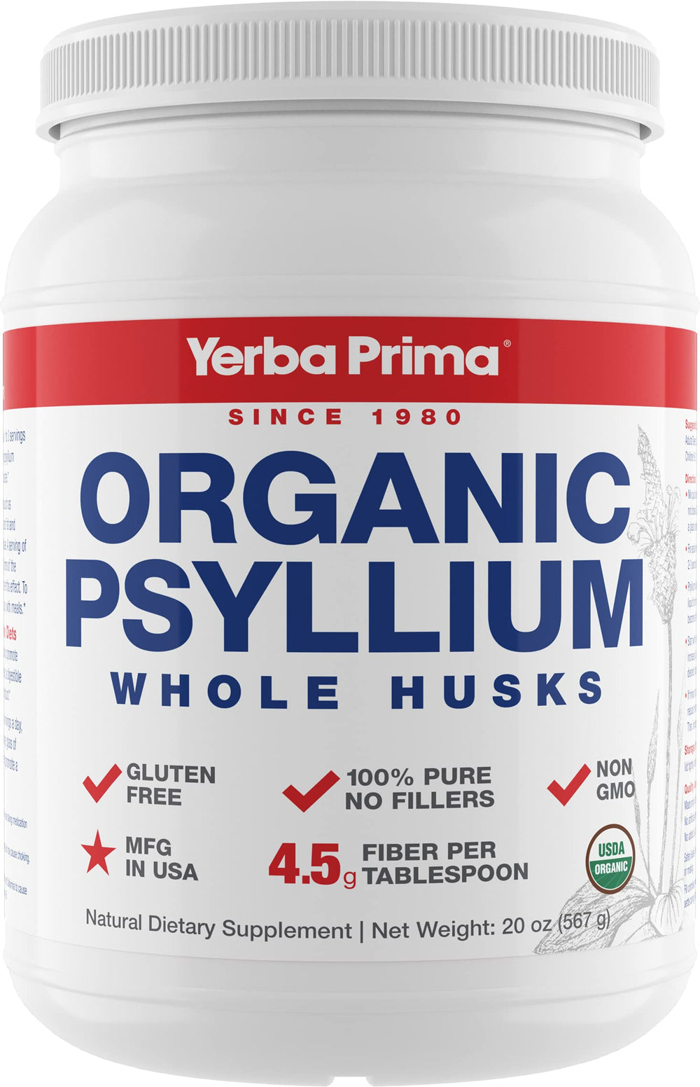 Yerba Prima Organic Psyllium Whole Husks bottle shown, a convenient daily fiber source for regularity.
