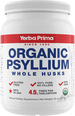 Yerba Prima Organic Psyllium Whole Husks bottle shown, a convenient daily fiber source for regularity.