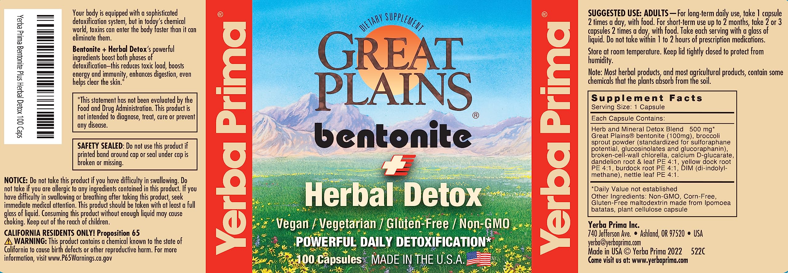 Product packaging and ingredients label from Yerba Prima Bentonite line.