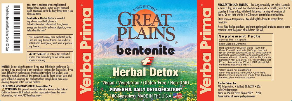 Product packaging and ingredients label from Yerba Prima Bentonite line.