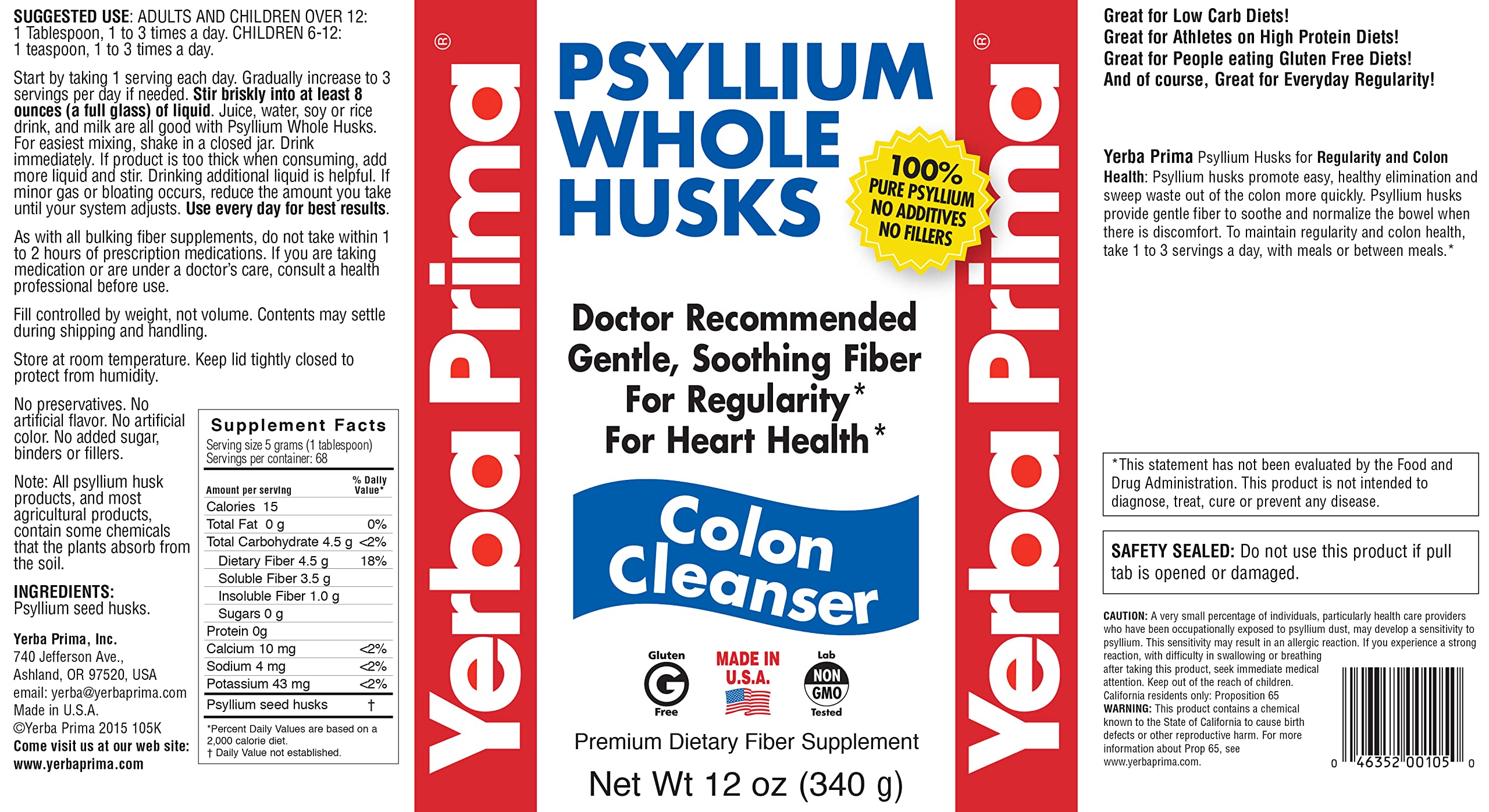 Yerba Prima Psyllium bottle beside a glass of water for hydration.