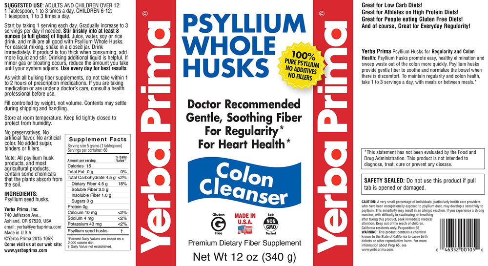 Yerba Prima Psyllium bottle beside a glass of water for hydration.