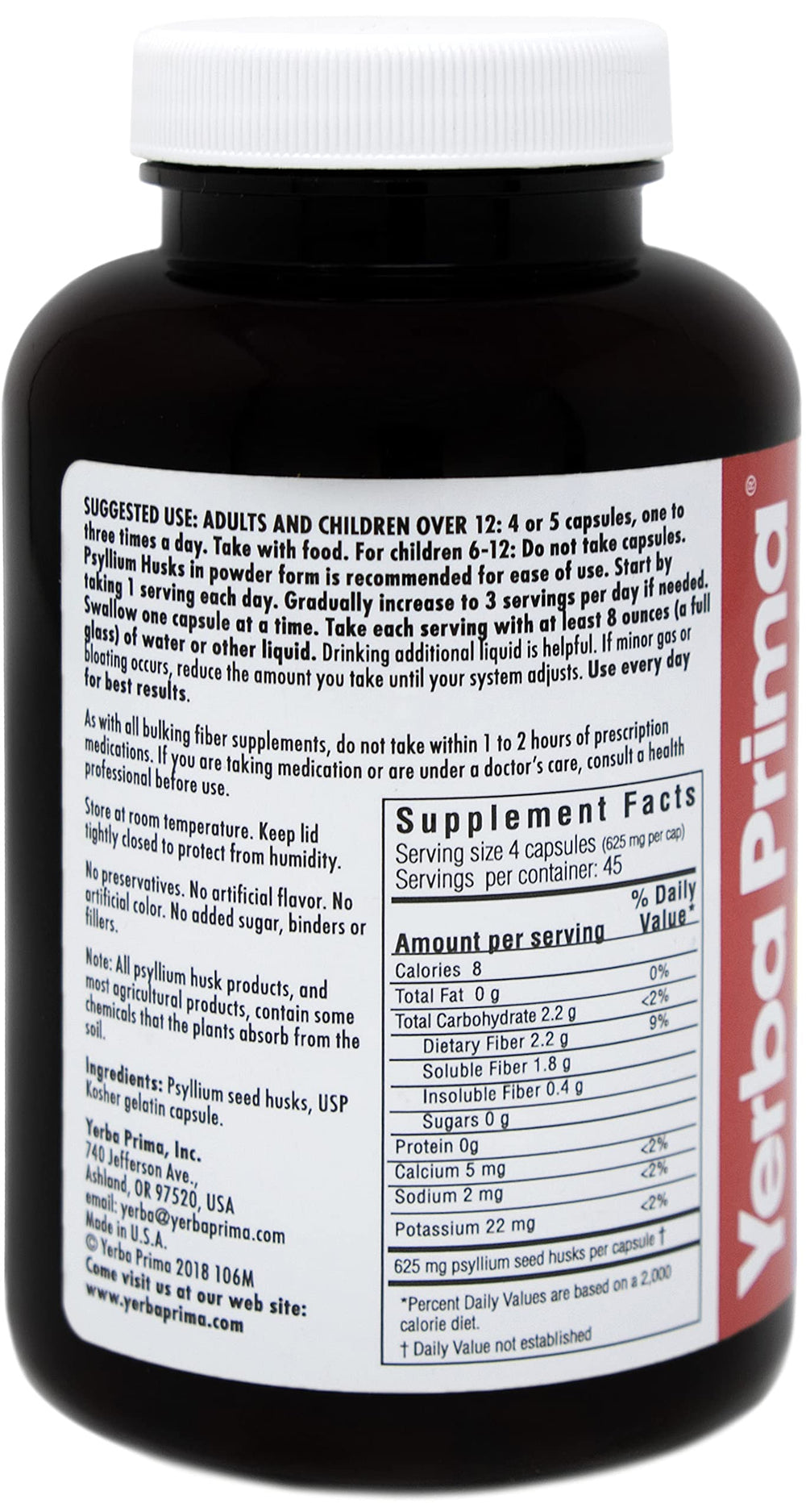 Yerba Prima Psyllium Husk Caps bottle label highlights non-GMO and gluten-free features.