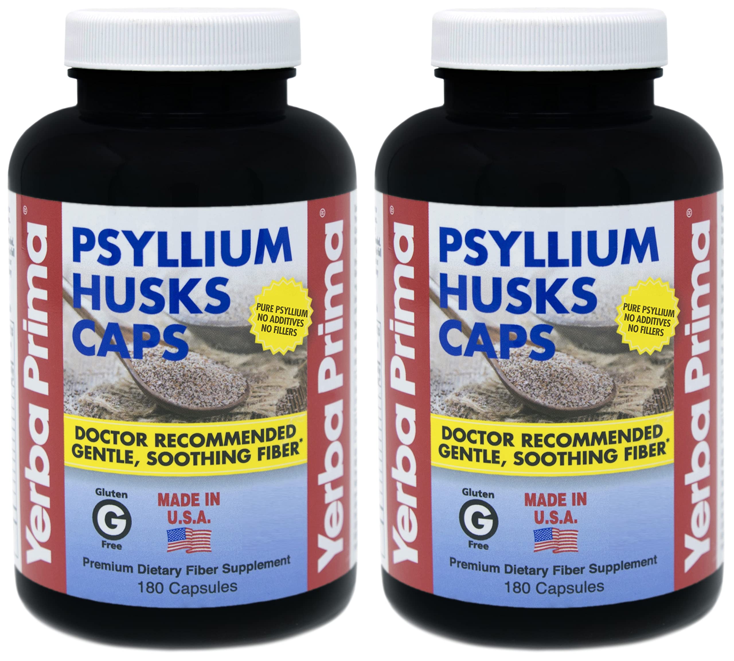 Yerba Prima Psyllium Husk Caps bottle in a 2-pack, promoting easy regularity.