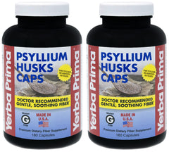 Yerba Prima Psyllium Husk Caps bottle in a 2-pack, promoting easy regularity.