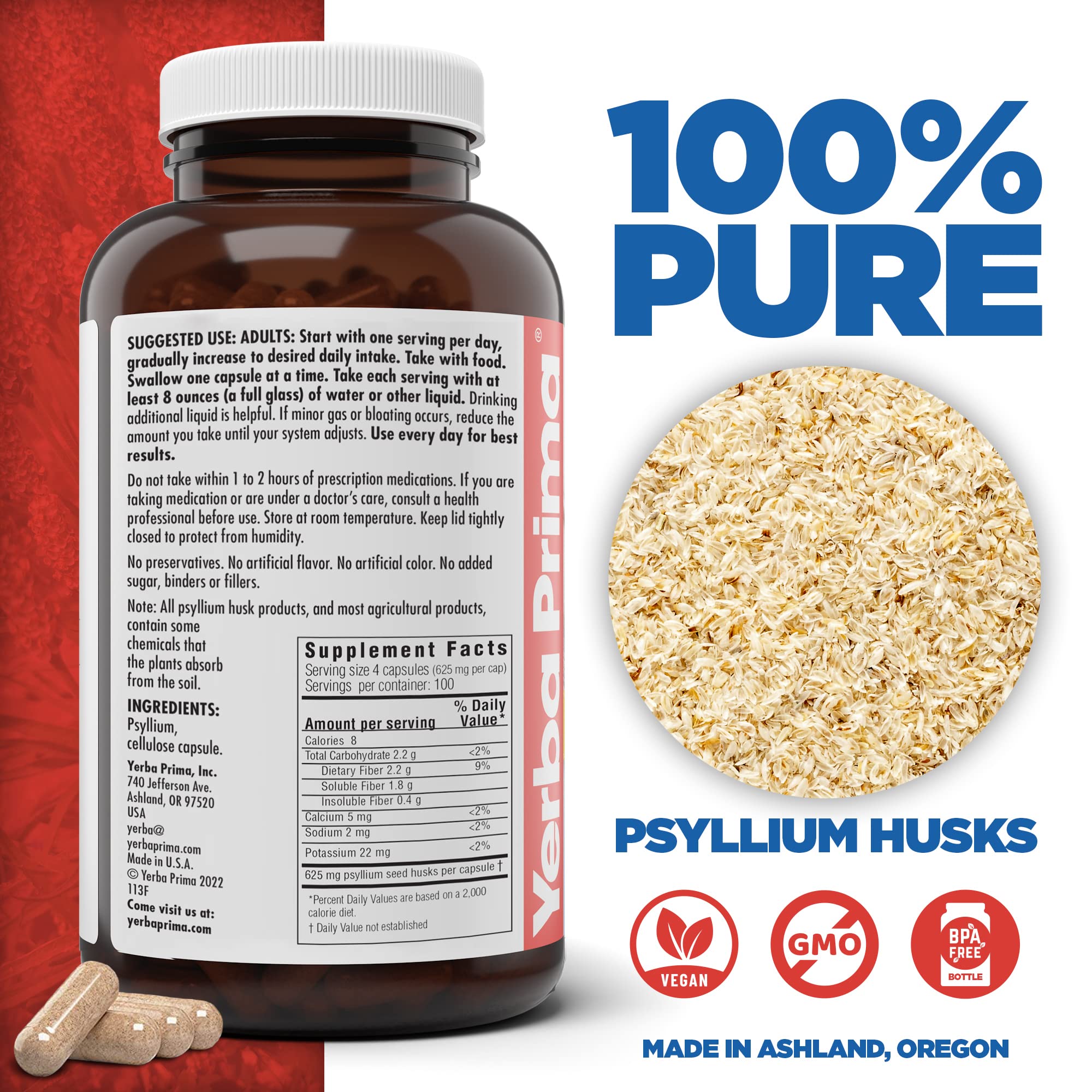 Close-up of Yerba Prima capsules highlighting 625 mg psyllium for bulk fiber.