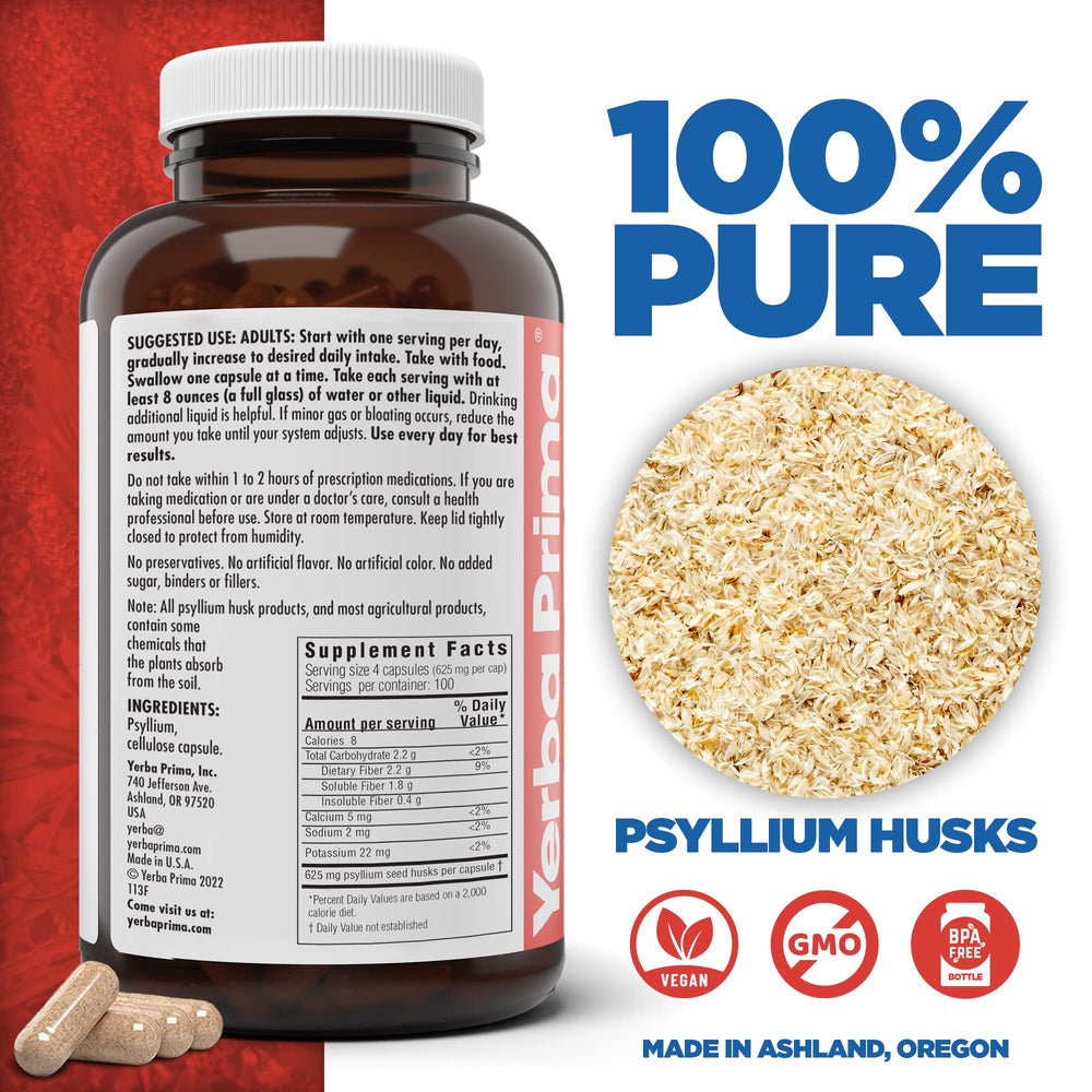 Close-up of Yerba Prima capsules highlighting 625 mg psyllium for bulk fiber.