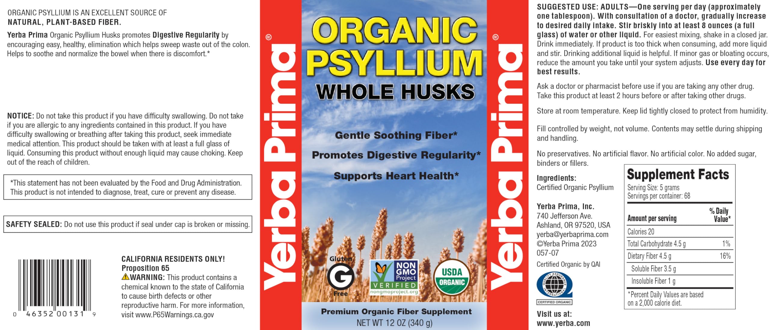Yerba Prima psyllium husk packaging label with organic certification.
