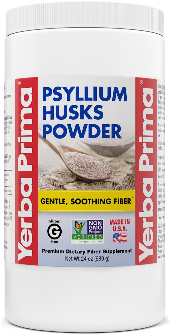 Yerba Prima psyllium husk powder, finely ground in a 24 oz jar, ideal for baking and smoothies.