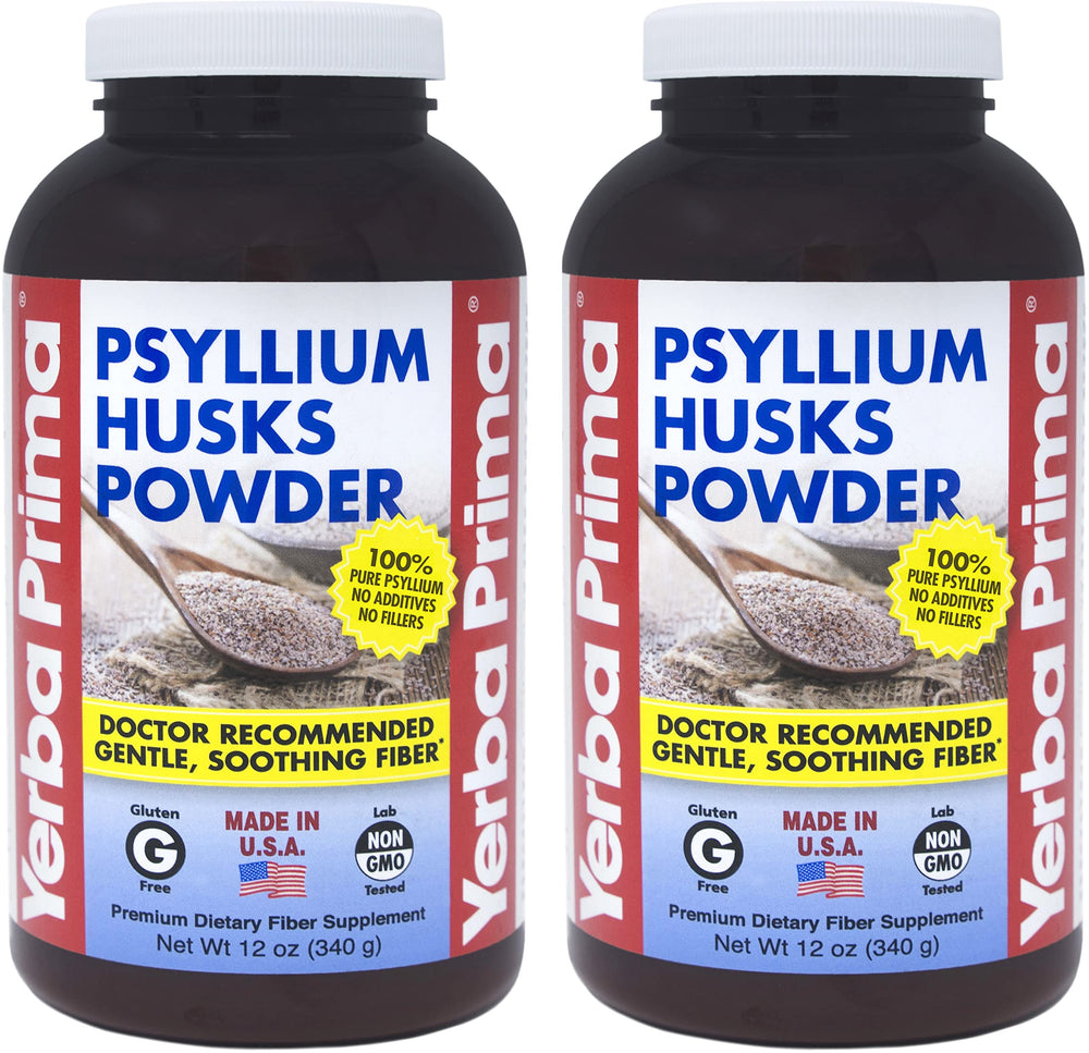 Yerba Prima Psyllium Husk Powder bottle on kitchen counter for daily fiber support