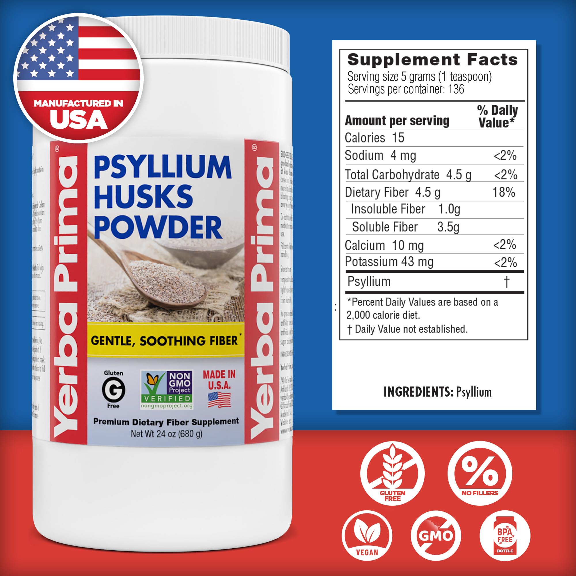 Yerba Prima psyllium husk powder in a measuring jar for convenience.