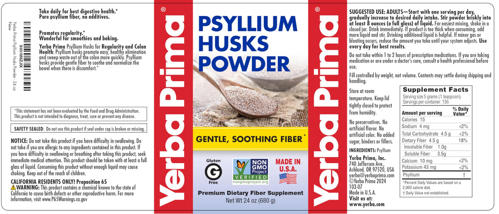 Yerba Prima psyllium husk powder dissolves easily in juice or water.