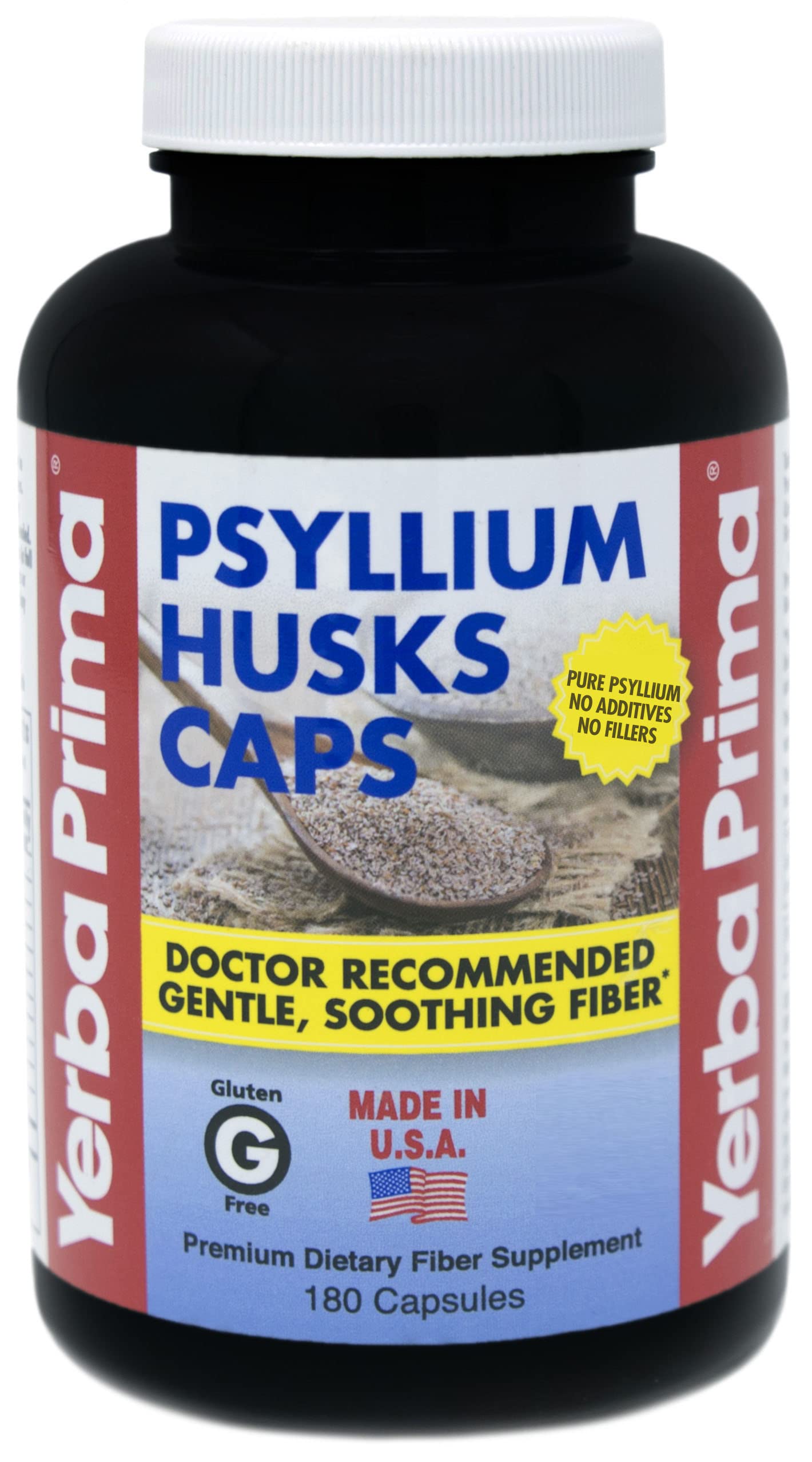 Yerba Prima psyllium husks capsules bottle for daily fiber intake