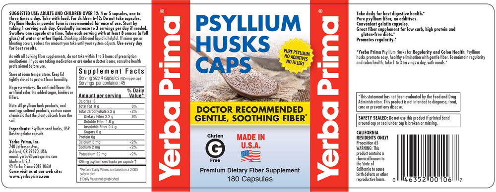 Yerba Prima psyllium capsules close-up highlighting easy-to-swallow form