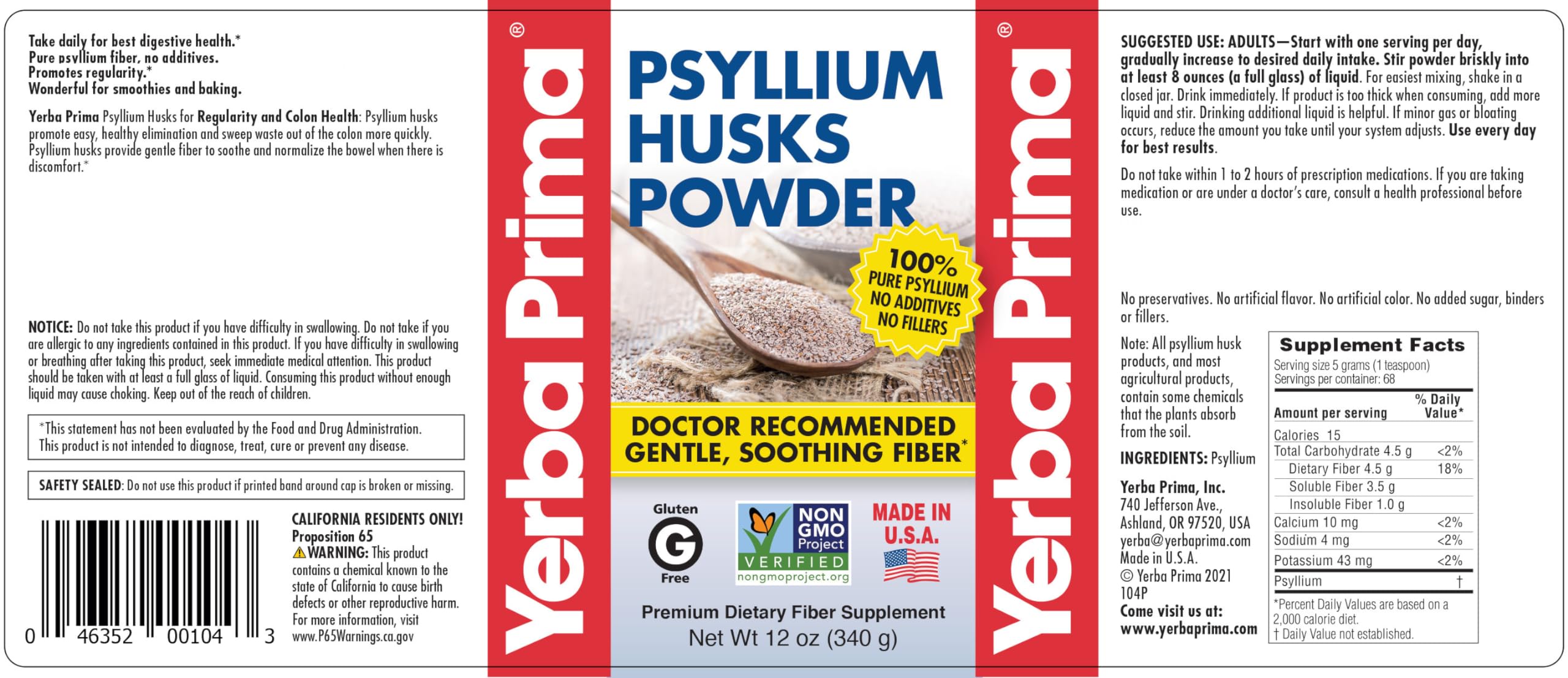 Yerba Prima Psyllium husks powder bottle closeup highlighting pure psyllium.