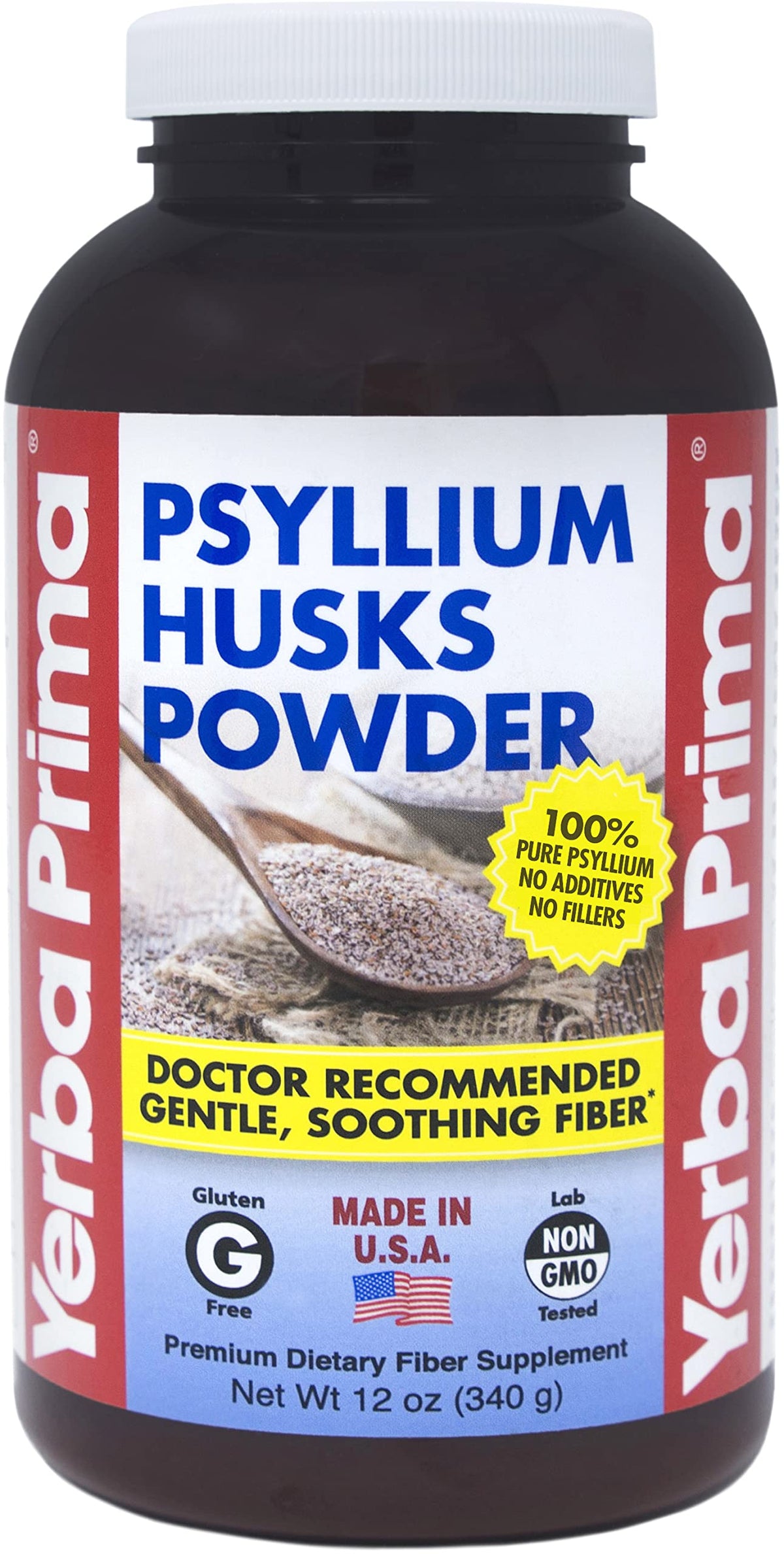 Yerba Prima psyllium husks powder container shows pure daily fiber.