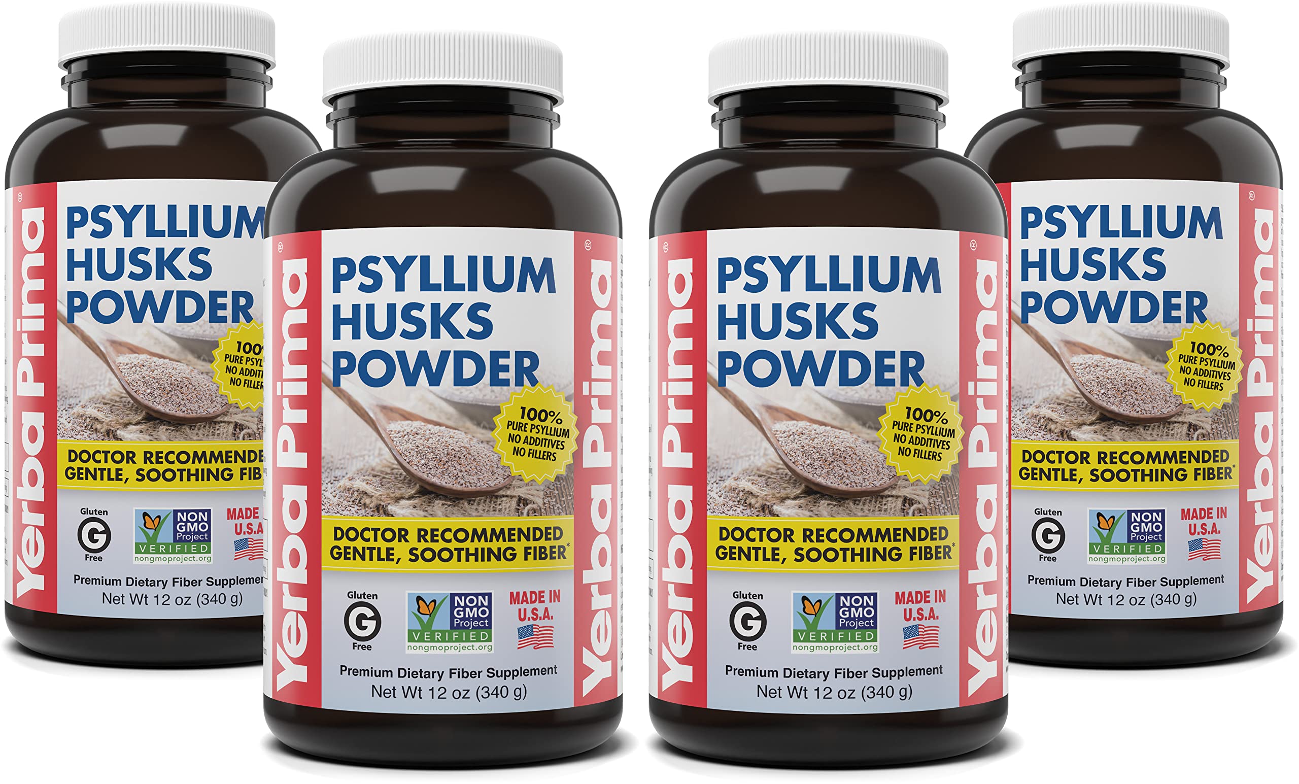 Yerba Prima Psyllium husks powder packaging front showing natural fiber benefits.