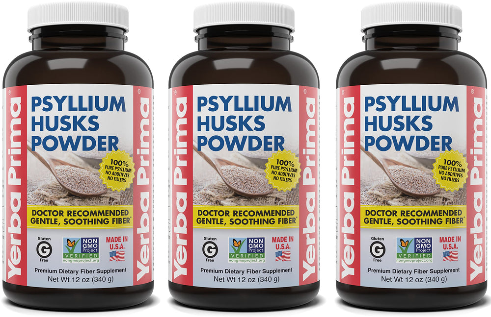 Yerba Prima psyllium husks powder packaging front showing a three-pack for fiber support
