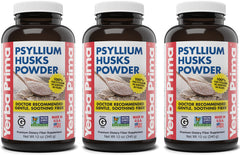 Yerba Prima psyllium husks powder packaging front showing a three-pack for fiber support