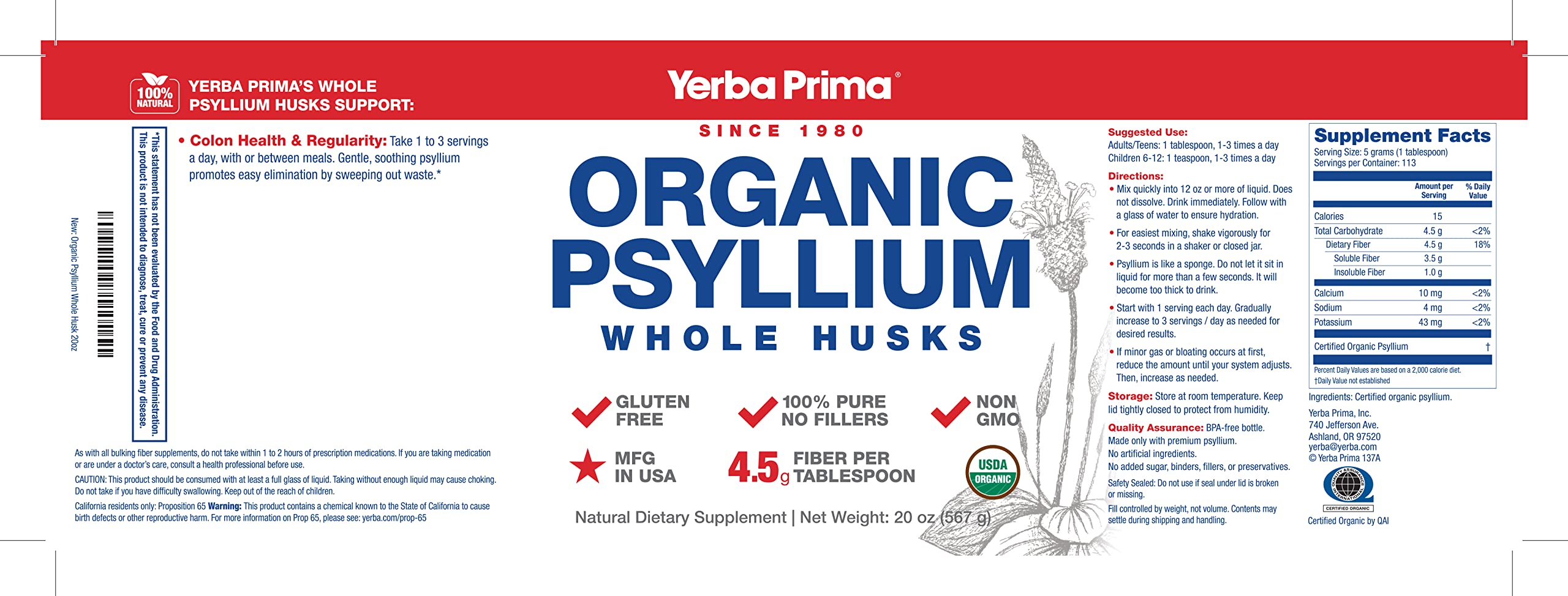 Ingredient list emphasizes single-ingredient psyllium husk for purity.