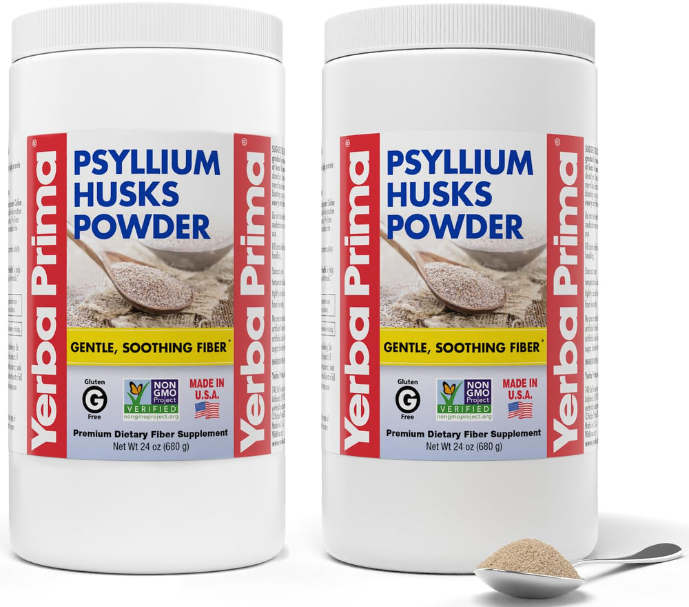 Yerba Prima psyllium powder bottle on a counter supporting daily fiber intake and easy mixing.