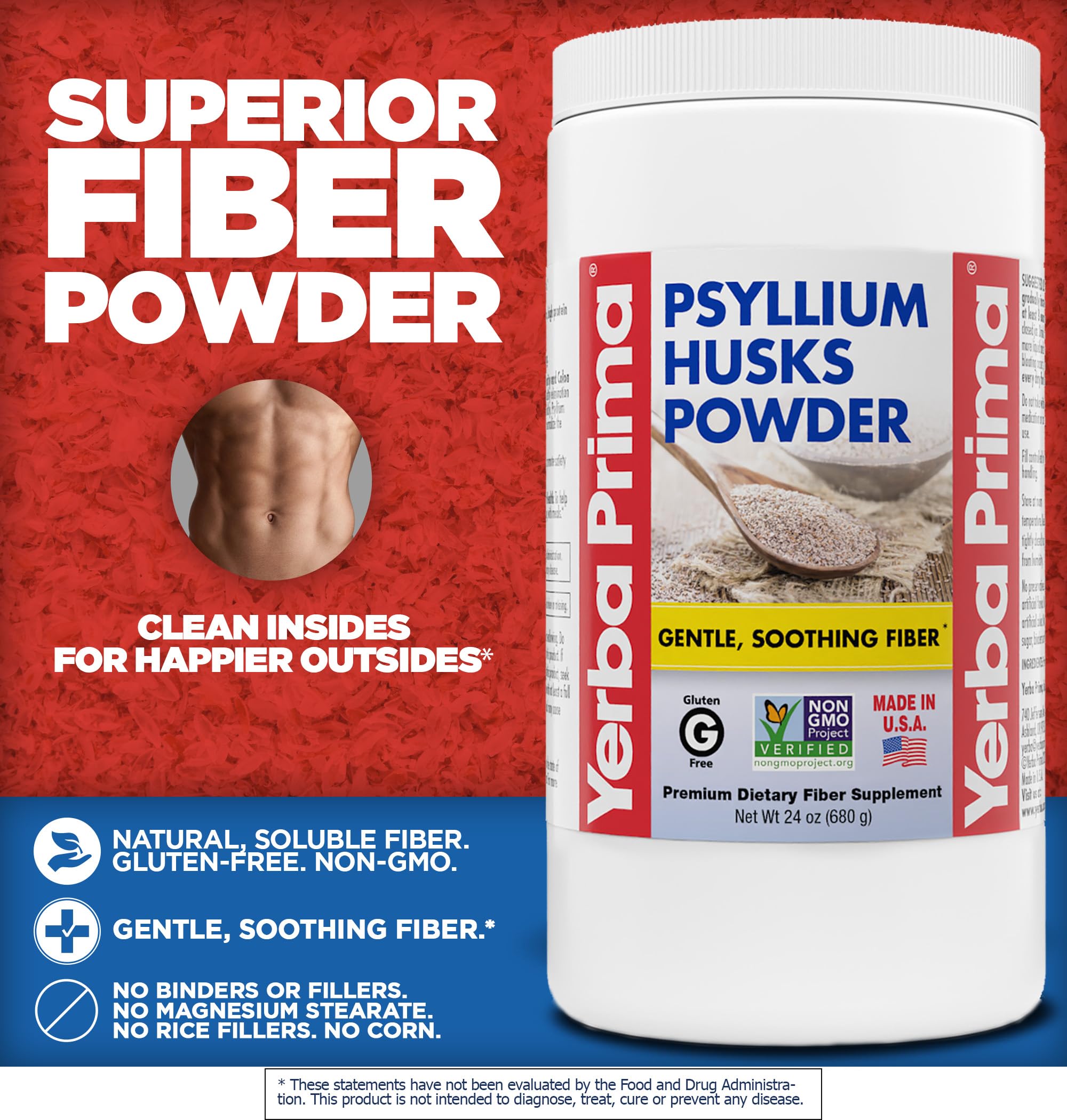 Yerba Prima psyllium powder tin and label highlighting non-GMO gluten-free fiber.