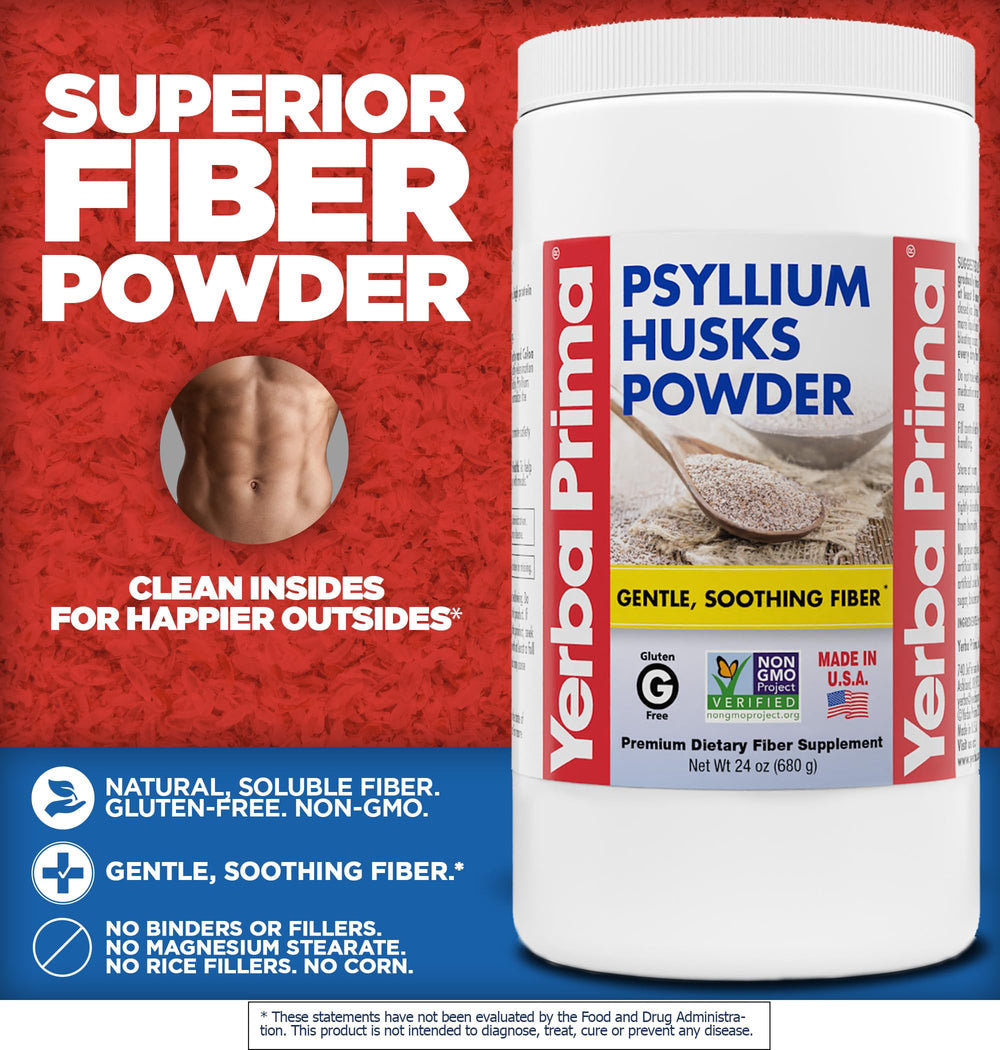 Yerba Prima psyllium powder tin and label highlighting non-GMO gluten-free fiber.