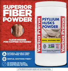 Yerba Prima psyllium powder tin and label highlighting non-GMO gluten-free fiber.