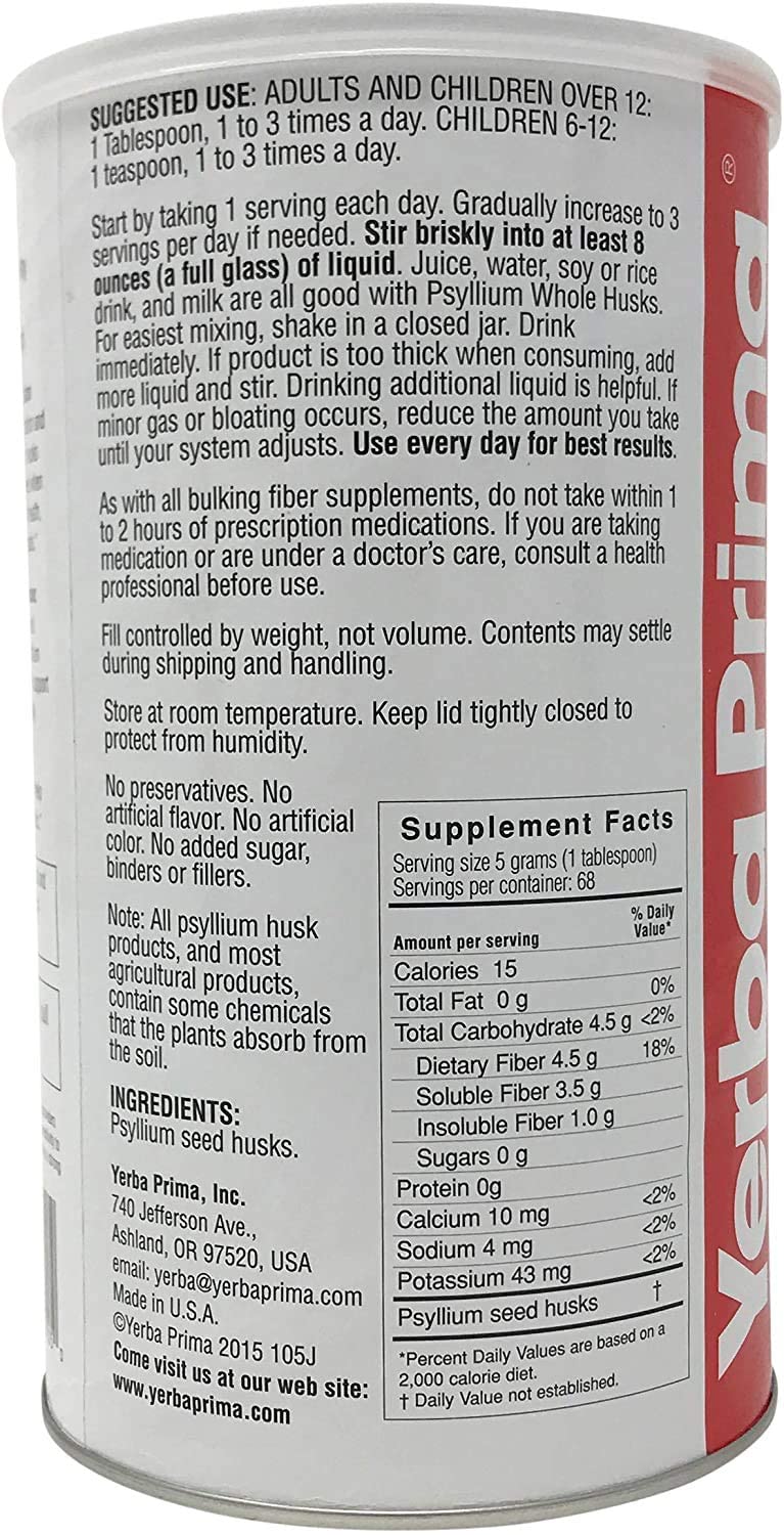 Yerba Prima Psyllium Whole Husk shown as a pure, single-ingredient fiber.
