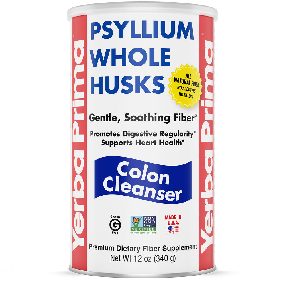 Yerba Prima Psyllium Whole Husk bottle on counter for daily fiber routine.