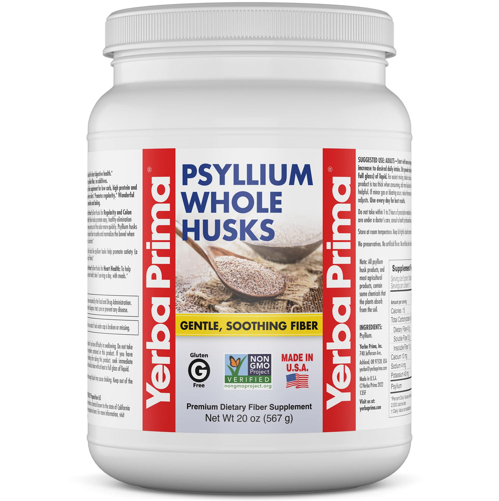 Yerba Prima Psyllium Whole Husks 20oz bag front, gluten-free fiber option for daily routines.
