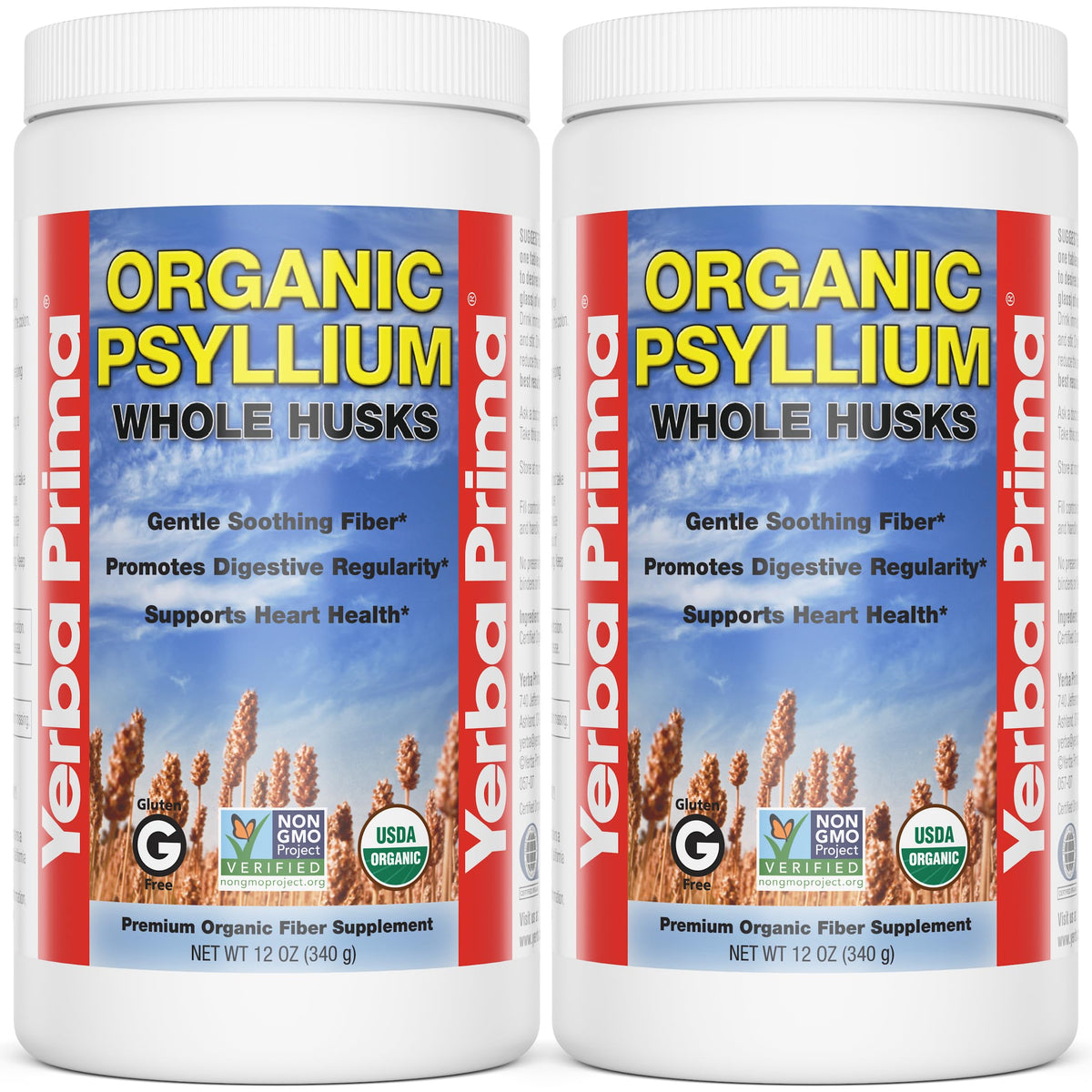 Yerba Prima Psyllium bottle shows organic whole husks for daily fiber support.