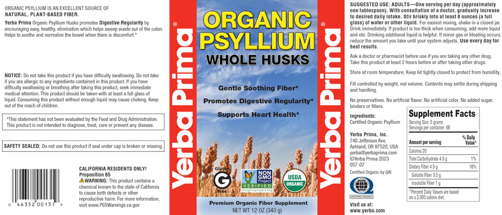 Close-up of Yerba Prima Psyllium label highlighting certification.