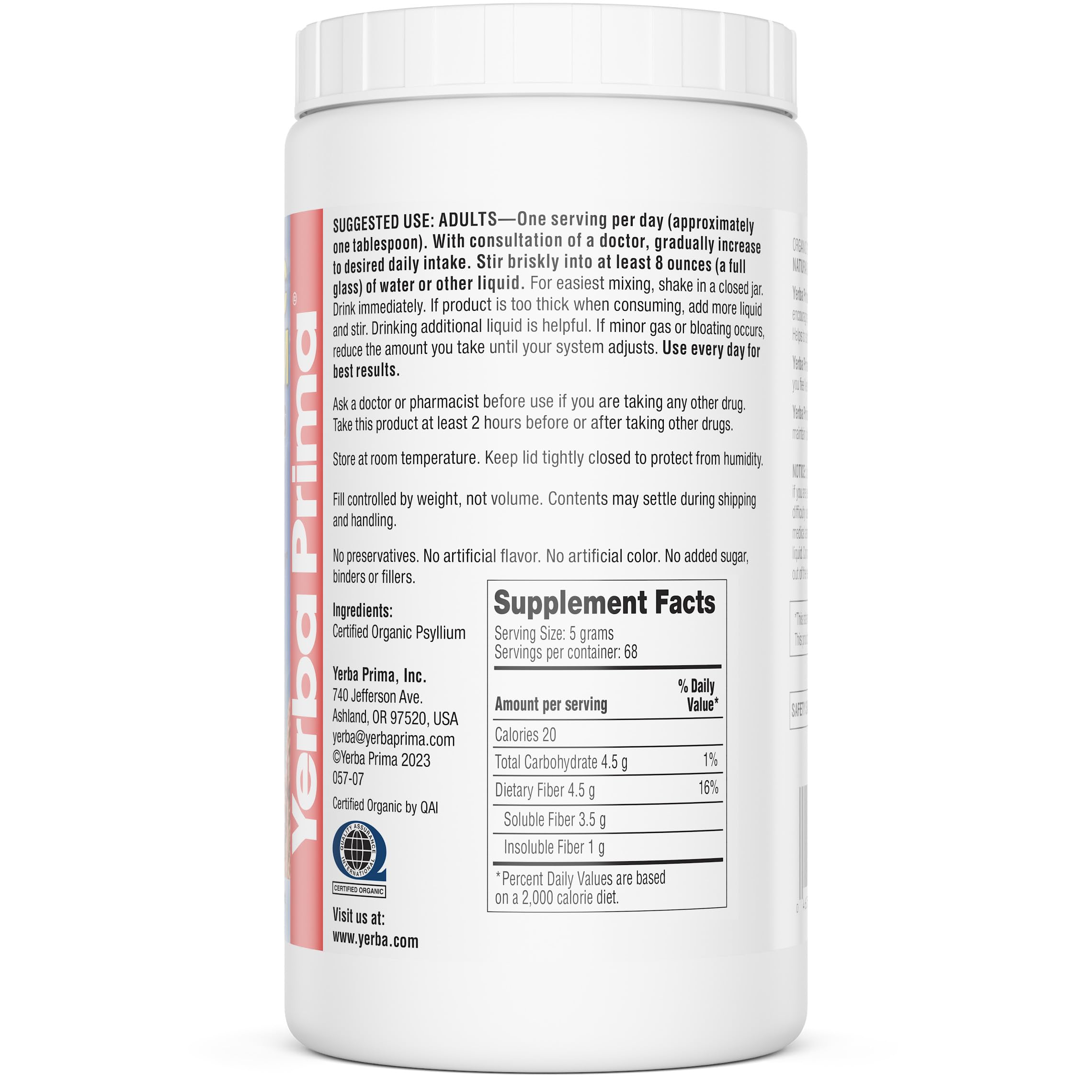Yerba Prima Psyllium packaging highlighting gluten-free and non-GMO ingredients.