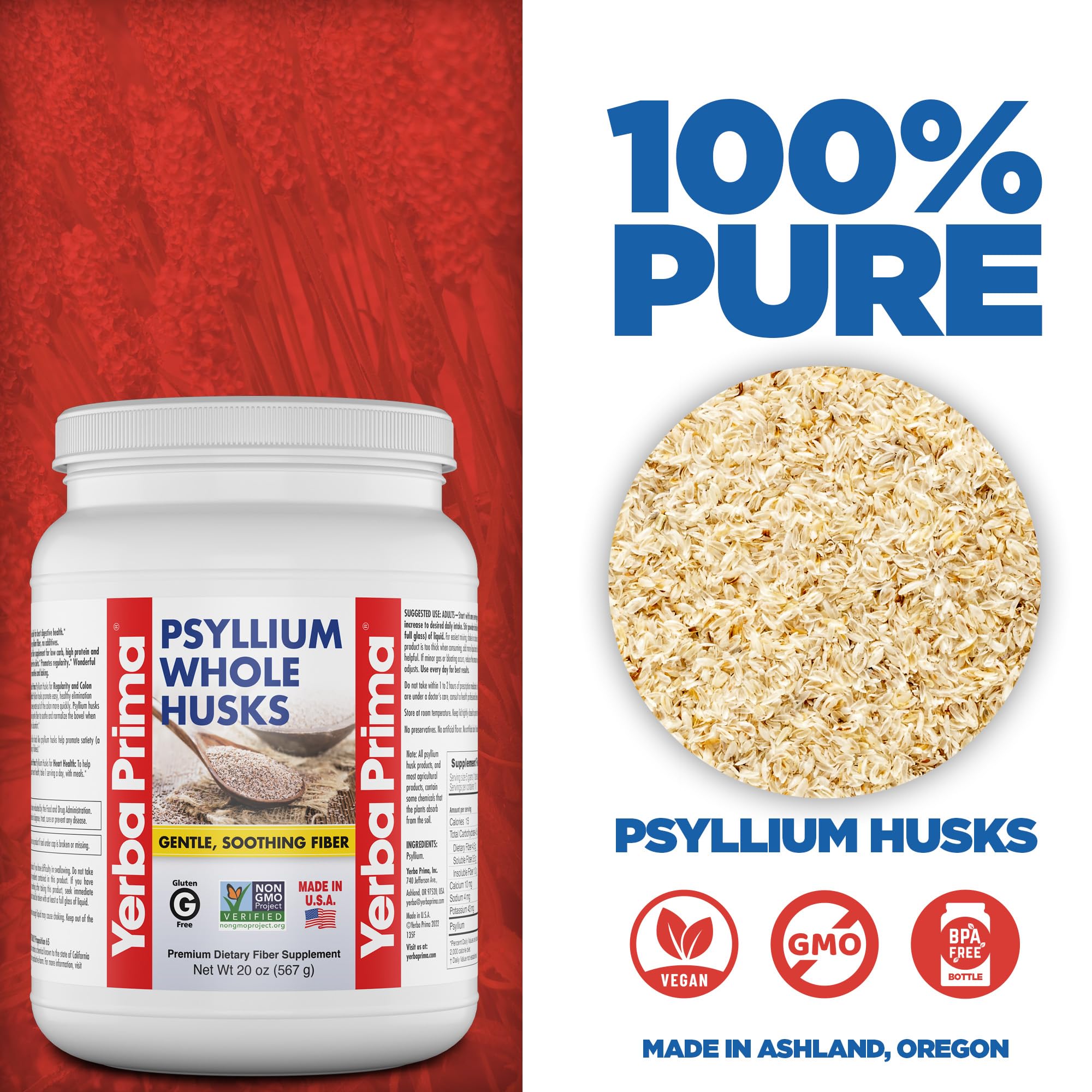 Scoop of Yerba Prima Psyllium Whole Husks for easy daily fiber measurement.