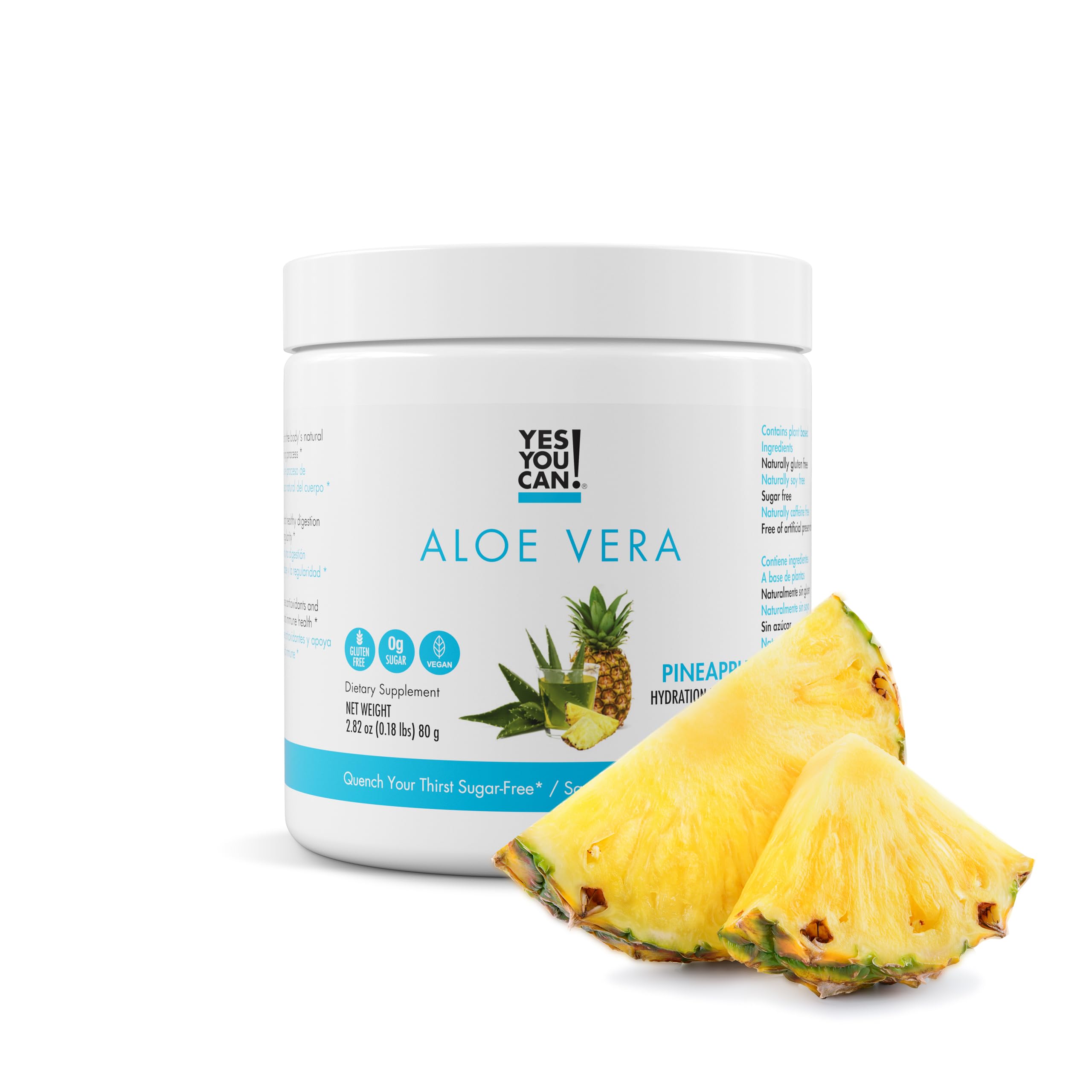 Yes You Can! Aloe Vera Powder Drink Mix pineapple glass for refreshing hydration.
